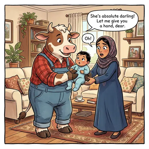 Whimsical Cow Taking Baby - Surprising and Friendly Scene