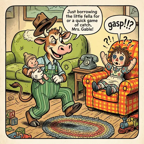Hand-Drawn Cartoon: Humorous Cow 'Kidnapping' Baby Doll
