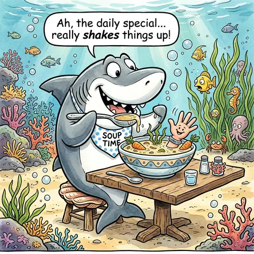 Humorous Shark Eating Soup Undersea | Cartoon-style Image