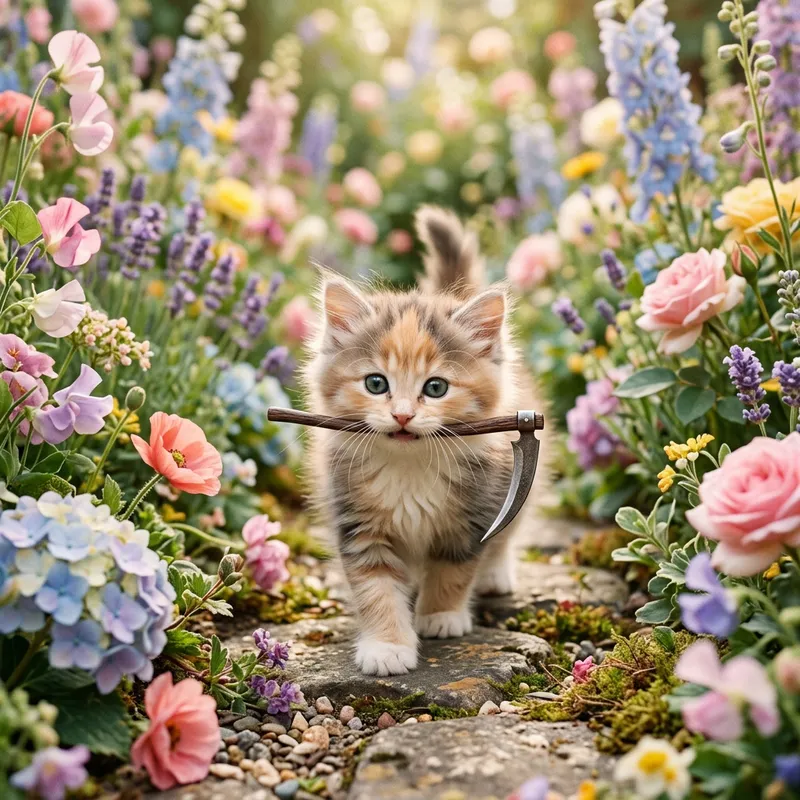 Charming Kitten with Tiny Death Scythe in Enchanting Garden