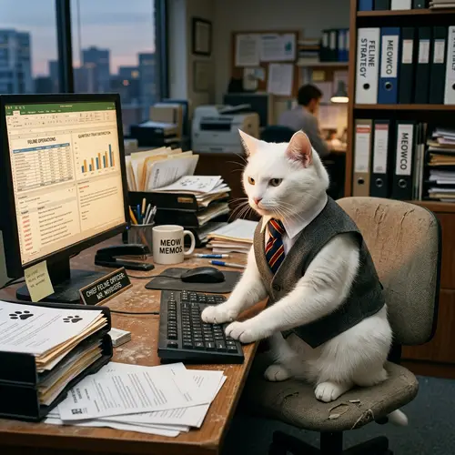 Professional White Cat Working on a Computer
