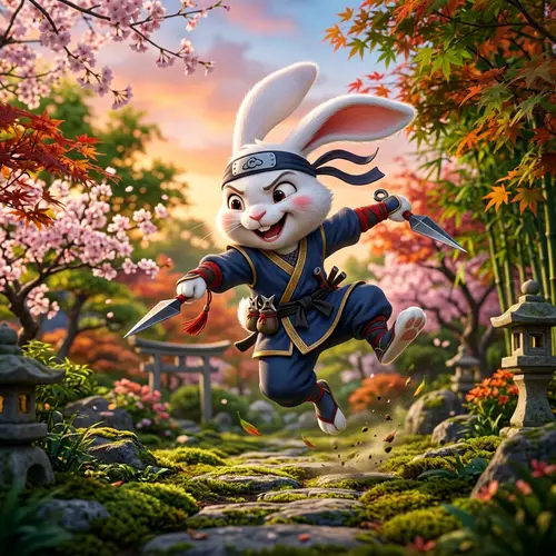 Playful Rabbit Ninja | Colorful Anime-Style Art