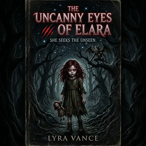Eerie Book Cover Design with Impish Creature and Little Girl with Red Eyes