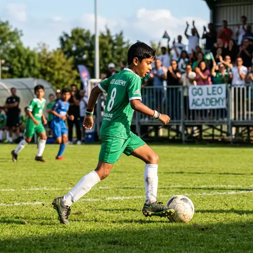 Young South Asian Boy Dribbling Soccer Ball on Vibrant Field