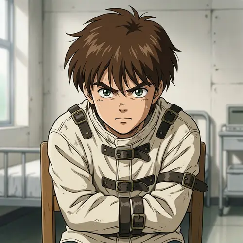 Anime Boy with Brown Messy Hair in Straitjacket