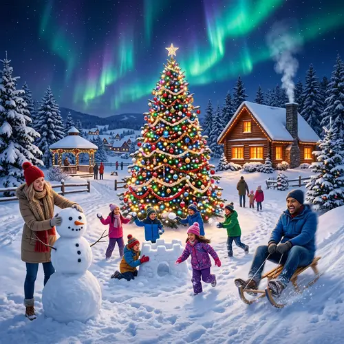 Magical Christmas Scene with Snow, Lights, and Fun