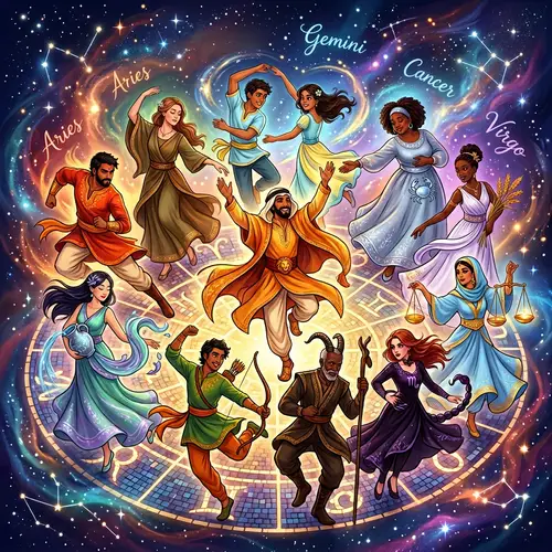 Dynamic Zodiac Dance Illustration with Interpretive Figures