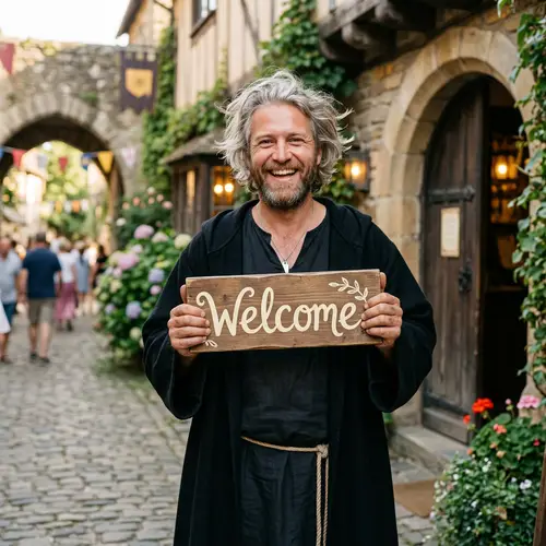Welcome Sign by Cheerful 40-Year-Old Man in Black Robe