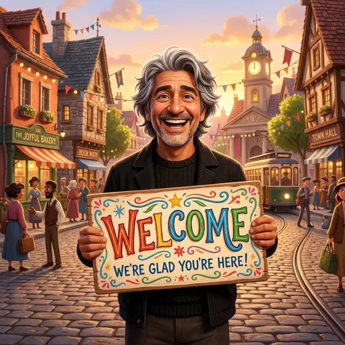 Whimsical 3D Animation of Joyous 40-Year-Old Man Holding Welcome Sign