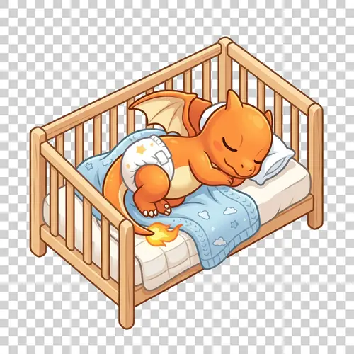Baby Charizard Pokemon Sleeping in Crib - Vector PNG