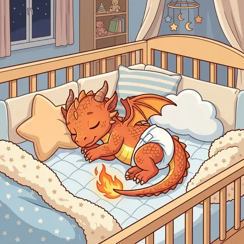 Baby Charizard Pokemon in Diaper Sleeping in Crib - Adorable Vector Illustration