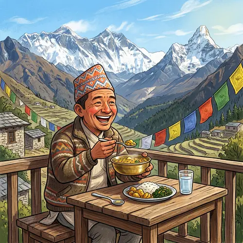 Cheerful Nepali Man Enjoying Local Cuisine with Himalayan Mountain View