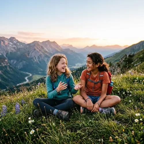 Childhood Friendship on Mountain Slope - Heartwarming Scene