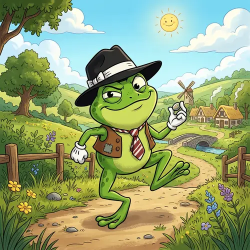 Fedora Guy Pepe Frog Cartoon - Playful Mischief in Countryside