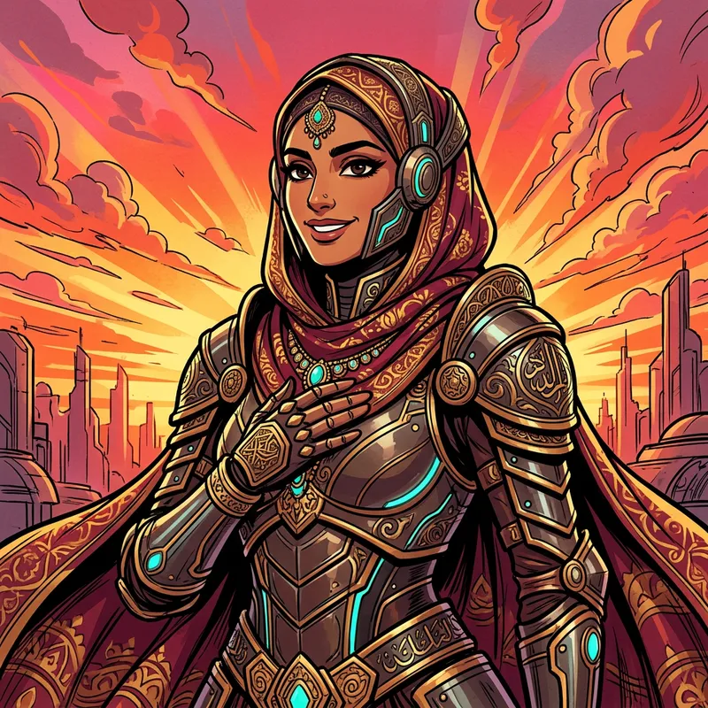 Beautiful South Asian Woman in Hijab Armor at Sunset | Anime Art Style
