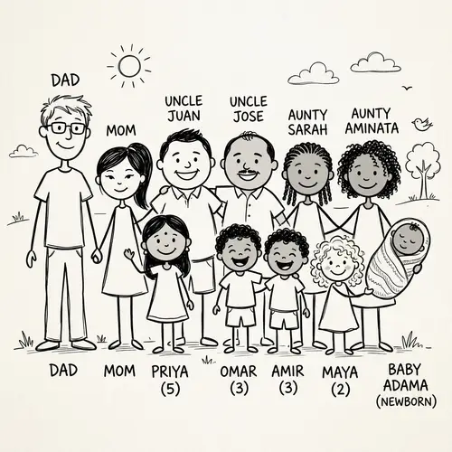 Adorable Stick Figure Family Sketch with Diverse Representation