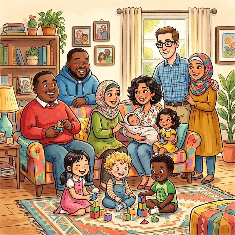 Diverse Family Illustration: Adult Male, Female, Children in Various Ethnicities