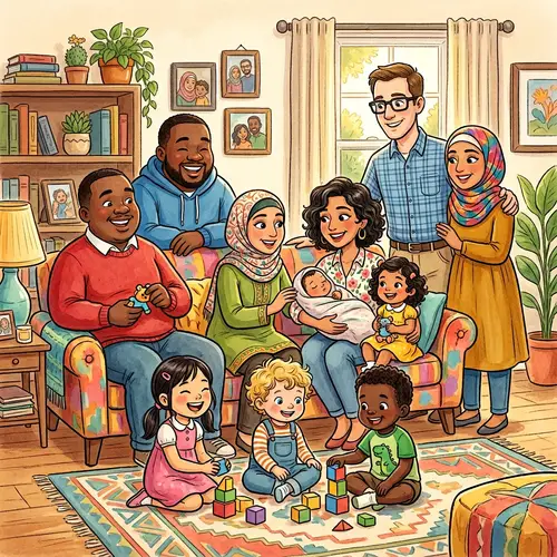 Diverse Family Illustration: Adults, Kids, Newborn in Various Ethnicities