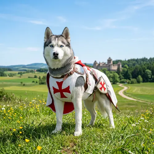 Blue-Eyed Siberian Husky in Templar Knights Uniform