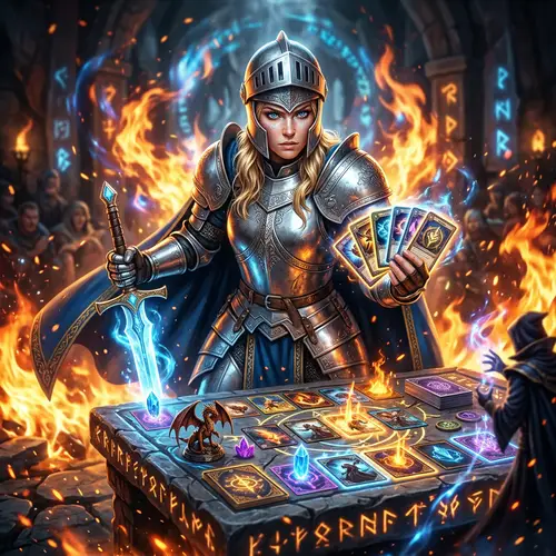 Female Knight with Shimmering Sword - Magical Card Game Scene