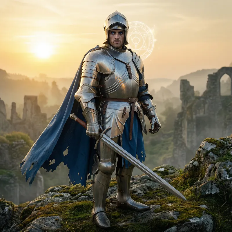 Medieval Knight with Striking Blue Eyes in Fantasy Battle Scene Medieval Knight with Striking Blue Eyes in Fantasy Battle Scene
