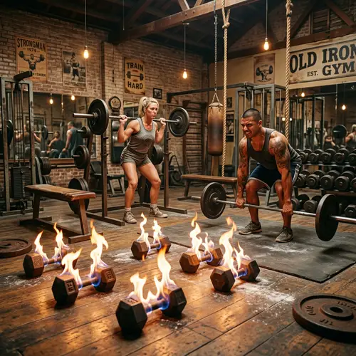 Retro Gym with Fiery Dumbbells | Unique Vintage Fitness Atmosphere