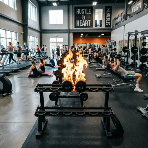 Intense Gym Experience with Flaming Dumbbells