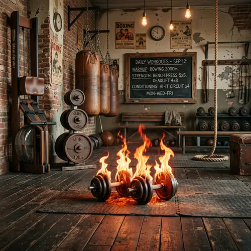 Retro Gym Fire Dumbbells: Vintage Exercise Equipment