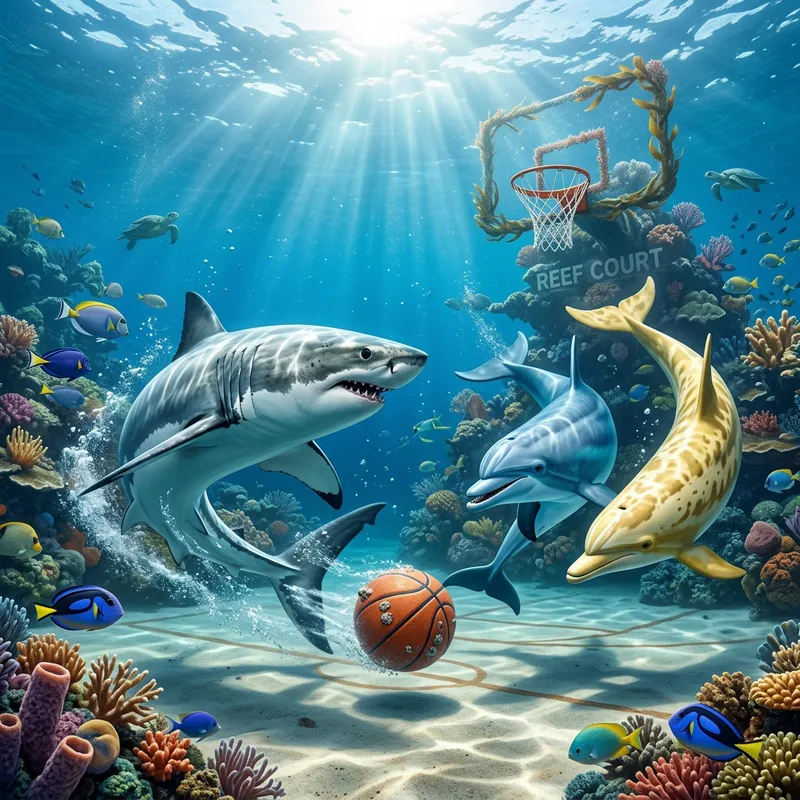 Cool Shark Plays Basketball with Dolphins