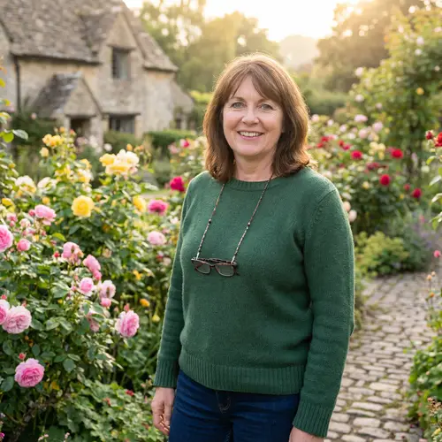 Middle-Aged Caucasian Woman Smiling in English Cottage Garden