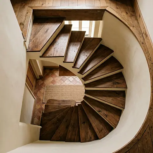 Intricately Designed Wooden Staircase, Realism - Top View