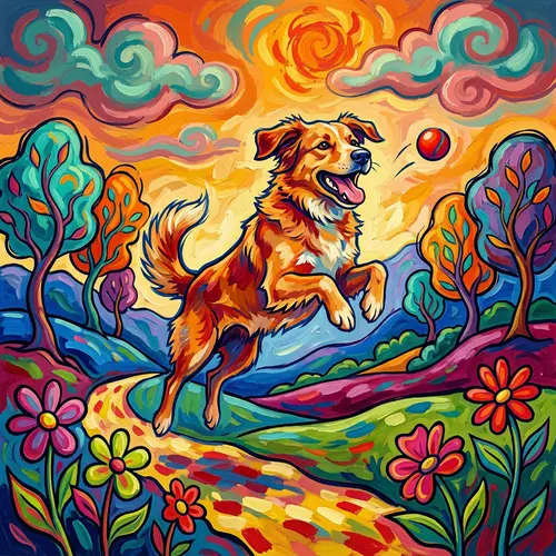 Playful Dog Mid-Jump in Vivid & Whimsical Setting