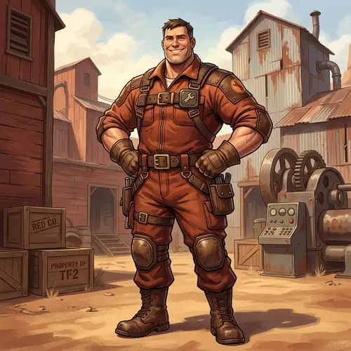 Male Muscular Character in Orange Industrial Suit | Vintage Game Setting