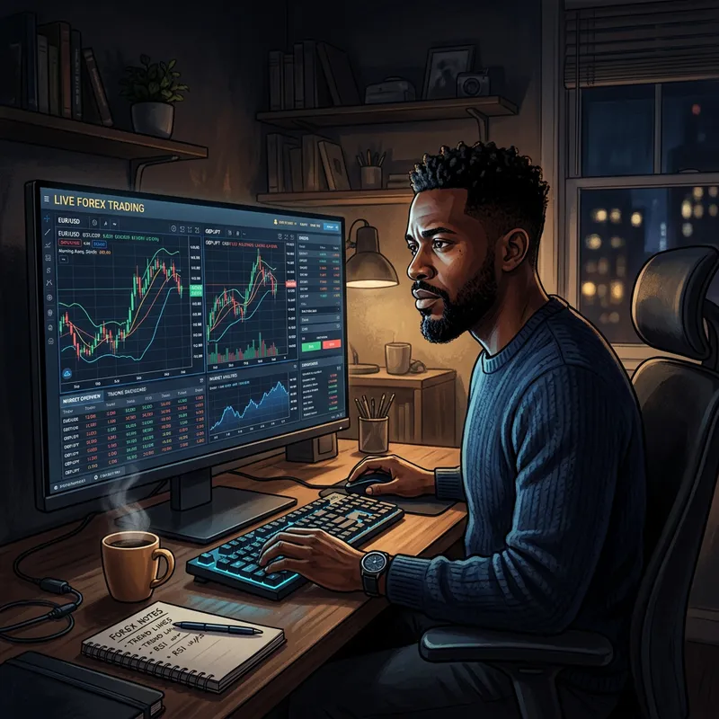 Man Sitting in Chair Trading Forex in Dim Room