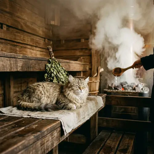 Fluffy Siberian Cat in Traditional Russian Sauna