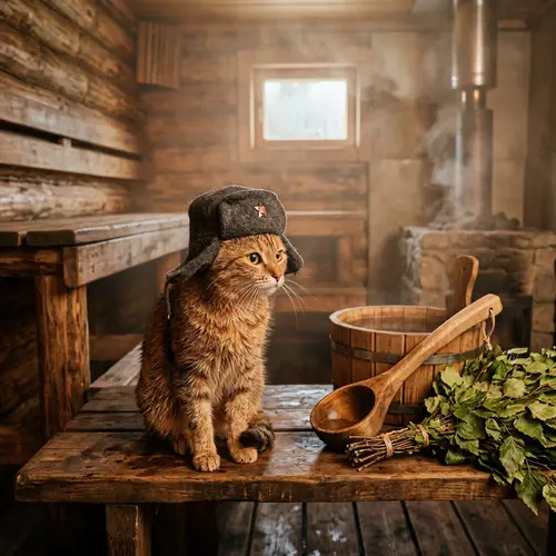 Cat in Traditional Russian Banya with Birch Branches - Explore the Relaxing Scene
