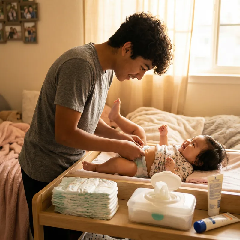 Teen Boy Changing Diaper with Gentle Care | Family Scene