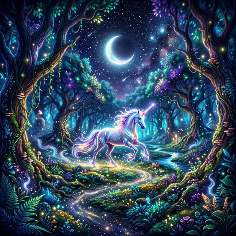 Mystical Moonlit Forest with a Prancing Unicorn