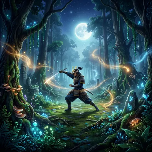 Vibrant Moonlit Samurai in Magical Forest