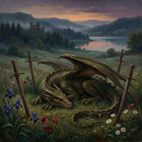 Symbolic Realism Landscape Art with Dragon and Swords