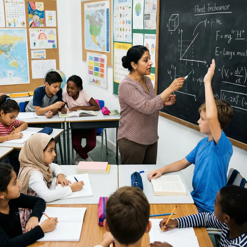 Diverse Classroom with Engaged Students & Passionate South Asian Teacher