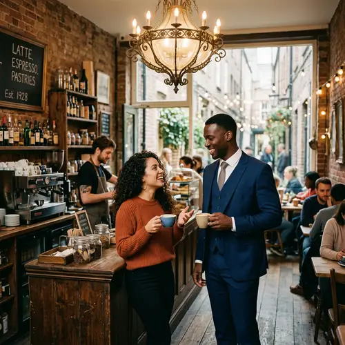 Quaint Cafe Scene: Curly-haired Woman Asking Man Out