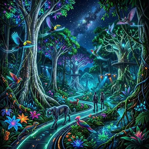 Futuristic Rainforest Theme: Neon Flora & Hybrid Wildlife