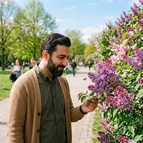 Middle-Eastern Man Engaging in Tranquility with Blossoming Flower