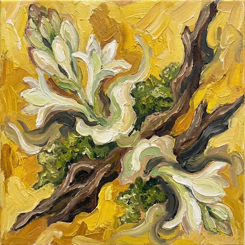 Vibrant Abstract Oil Painting with Tuberose and Oud Wood