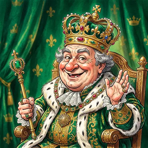 Caricature with Gold Crown on Emerald Background