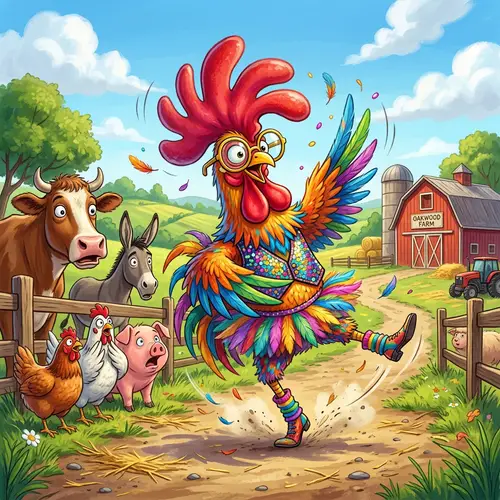 Colorful Crazy Chicken Dancing in Farm Landscape