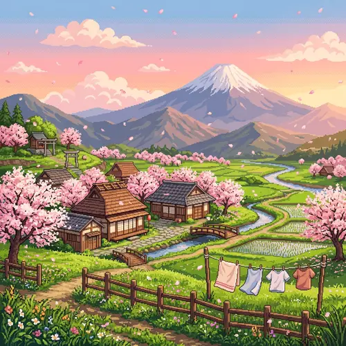 Serene Japanese Countryside Pixel Art Landscape