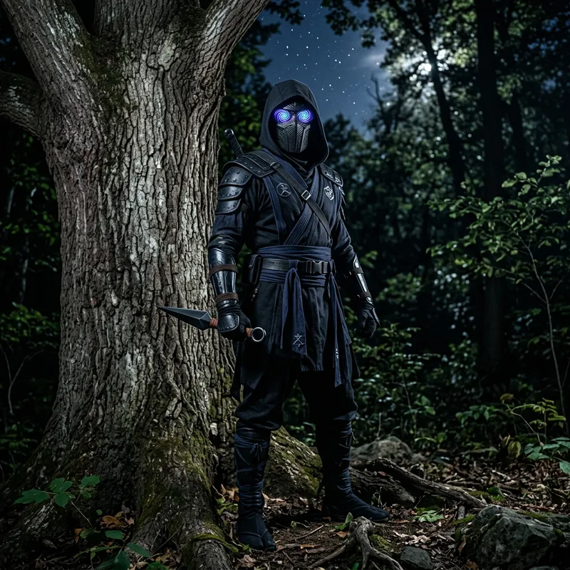 Mangekyou Sharingan Ninja Stands by Tree with Kunai Mangekyou Sharingan Ninja Stands by Tree with Kunai