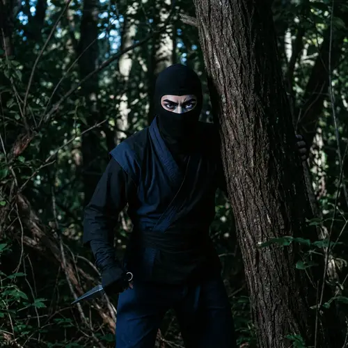 Mysterious Ninja Stealthily Clutching Kunai by Tree